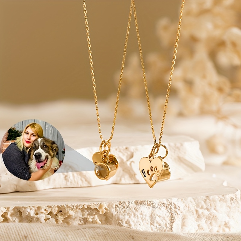 Custom Stainless Steel Heart Shaped Paw Name Projection Necklace